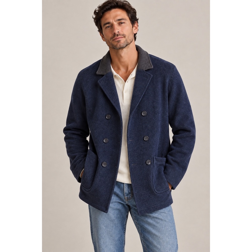 Jack Spade Garrett Navy Blue Wool Double Breasted Knit Sweater Blazer, Large
